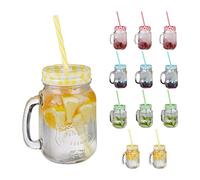 Relaxdays Set 12 Tazze con Cannuccia e Coperchio, tè Freddo, Bevande, Limonate, per Party, con Manico, 500 ml, Colorato, Acciaio