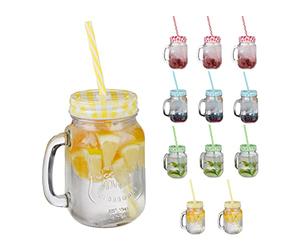 Relaxdays Set 12 Tazze con Cannuccia e Coperchio, tè Freddo, Bevande, Limonate, per Party, con Manico, 500 ml, Colorato