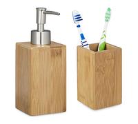 Relaxdays Set 2 Accessori Bagno, in bambù, Dispenser Sapone Ricaricabile, Portaspazzolini, Naturale