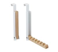 Relaxdays Appendiabiti da Porta Pieghevole, 6 Ganci per Appendere Grucce, per Porte Spesse 2 cm, Metallo e Legno, Bianco, Ferro