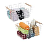 Relaxdays Cestino Metallico Portaoggetti a Rete, Set 2 Cesti con Manici in Legno, Rettangolare, HLP 16x31x21 cm, Bianco