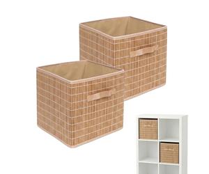 Relaxdays Set 2 cesti in bambù e Tessuto per Bagno e scaffale, con Maniglia, 28x28x28 cm, Pieghevoli, Naturale