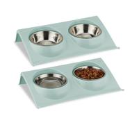 Relaxdays Ciotole Rialzate per Gatti, Set da 2, Doppie Scodelle da 150 ml, Cibo e Acqua, 6,5x29x19 cm, Plastica, Blu, Acciaio Inox
