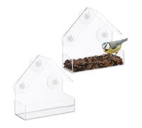 Relaxdays Mangiatoia per Uccelli Selvatici, Set 2 Casette Semi per Volatili con 3 Ventose, HLP: 15x15x7 cm, Trasparente