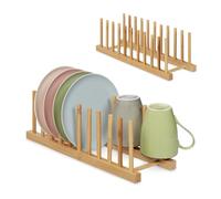 Relaxdays Set 2 Scolapiatti, per 10 Piatti Ognuno, Porta Piatti, Coperchi o Taglieri, Supporto in Bambù, Legno Naturale