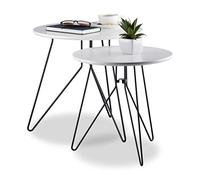 Relaxdays Set 2 Tavolini da Soggiorno, Tavoli Rotondi con Struttura in Metallo, 40 e 48 cm, bianco/nero