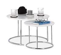 Relaxdays Set 2 tavolini sovrapponibili rotondi piccolo tavolo opaco di legno e metallo cromato 60x60 cm bianco