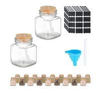 Relaxdays Barattoli Spezie, Set di 20 Vasetti in Vetro 100 ml, Contenitori con Tappo in Sughero, con Etichette e Imbuto, Silicone