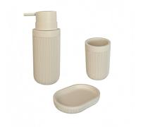 Relaxdays Set 3 Accessori da Bagno in Poliresina Beige, Dispenser, Porta Sapone e Bicchiere 17.5x6.5x6.5 cm