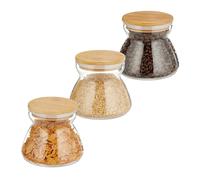 Relaxdays Set 3 Barattoli per Alimenti, Coperchio in bambù, Piccoli Recipienti in Vetro, 500 ml, Trasparente Naturale