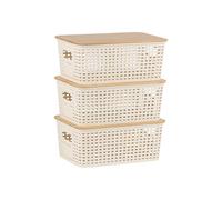 Relaxdays Set 3 contenitori, con Coperchio, plastica e bambù, Maniglie, A x L x P: 10,5x25,5x18 cm