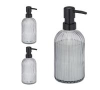 Relaxdays Dispenser di Sapone Liquido in Vetro, Set da 3, Testa a Pompa, Ricaricabile, Dosatore Portasapone 400 ml, Nero