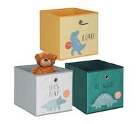 Relaxdays Set 3 Scatole per Bambini, Motivo Dinosauri, Pieghevoli per scaffali a cubo, HLP 30x30x30 cm, Tessuto colorato, Tessuto Non Tessuto, Cartone, Acciaio, 30 x 30 x 30 cm