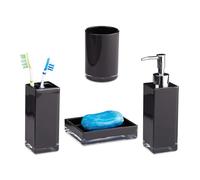 Relaxdays Set 4 Accessori Bagno, Bicchiere Igiene Dentale Portaspazzolini Dispenser Porta Sapone Portasaponetta, Nero