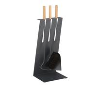 Relaxdays Set 4 Attrezzi da Camino, Attizzatoio, Paletta, Scopino e Supporto Porta Utensili Stufa, Ferro, Legno, Grigio