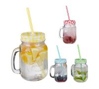 Relaxdays Set 4 Tazze con Cannuccia e Coperchio, tè Freddo, Bevande, Limonate, per Party, con Manico, 500 ml, Colorato