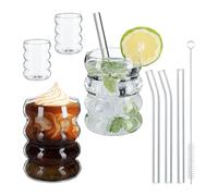 Relaxdays Set 4 Bicchieri in Vetro con Cannucce 350 ml, per caffè, Iced Matcha Latte e Cocktail, Ondulati, Trasparenti, Ferro, HxD: 10 x 7,5 cm