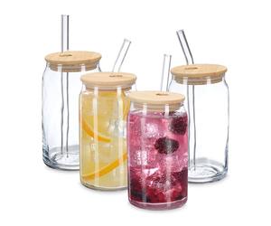 Relaxdays Set 4 Bicchieri in Vetro con Cannucce, Coperchio in bambù, 350 ml, caffè Freddo e Matcha Latte, Trasparenti, Gomma, 14 x 7,5 x 7,5 cm