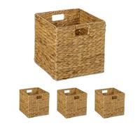 Relaxdays Set 4 Cesti Intrecciati Portaoggetti in Giacinto Acqua, HLP: 30x30x30cm, Scatola da Scaffale Cubo, Naturale, Fibra vegetale, Ferro