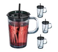 4 Bicchieri Cannuccia Coperchio 450 ml Adulti Tazza Smoothie Mug Vetro Grigio