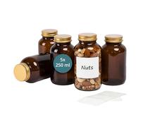 Relaxdays Set 5 barattoli in Vetro Marrone con coperchi, Etichette, 250 ml, per Erbe, spezie e Medicine, Marrone/Dorato