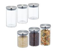 Relaxdays Set da 6 Barattoli per Alimenti, Recipienti in Vetro Coperchio Acciaio Inox 3 Grandezze, Trasparente Argentato, 1000 ml