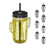 Relaxdays Set 8 Bicchieri con Coperchio e Cannuccia, Forma di Cactus, tè Freddo, Bevande, Limonate, 500 ml, Trasparenti, 7 Centimeters cm