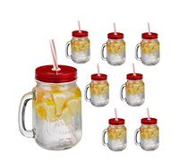 Relaxdays Set 8 Tazze, con Coperchio e Cannuccia, tè Freddo, Bevande, Limonate, per Party, con Manico, 500 ml, Rosso, Ferro