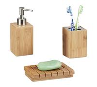 Relaxdays Set Accessori Bagno in Bambù, 3 Oggetti per Lavandino, Dispenser, Porta-Sapone e Portaspazzolini, Marrone