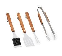 Relaxdays Set Accessori Barbecue, 4 Attrezzi BBQ, Spatola, Pinza, Spazzola, Spiedo, Acciaio Inox, Legno, Marrone Argento, 33,5-37 cm