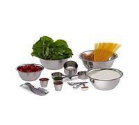 Relaxdays Set Accessori Cucina 15 pz, Ciotole, Scolapasta, Misurini con Misure metriche e americane, Impilabili, Acciaio