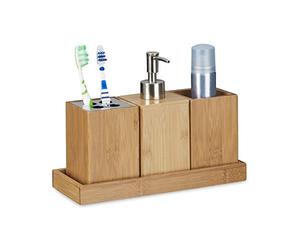 Relaxdays Set Accessori da Bagno, Porta Spazzolini e Portasapone 4 Parti bambù, Contenitori da Lavandino, Marrone Chiaro