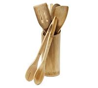 Relaxdays Set Accessori da Cucina, 6 Mestoli in bambù, Portamestoli, Cucchiai, Pinza, Paletta, Forchetta, Marrone Chiaro, Legno, H x D: 22.5 x 8.5 cm ca