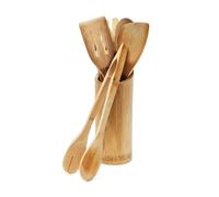 Relaxdays Set Accessori da Cucina, 6 Mestoli in bambù, Portamestoli, Cucchiai, Pinza, Paletta, Forchetta, Marrone Chiaro, Legno, H x D: 22.5 x 8.5 cm ca