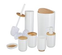 Relaxdays Set Bagno 7 Accessori, Cestino, Scopino WC, Portasapone, Saponetta, Portaspazzolino, Plastica e Bambù, Bianco