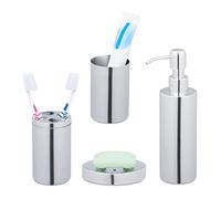 Relaxdays Set Bagno Completo, 4 Accessori, Kit WC Acciaio Inox Lucido, Portaspazzolino, Sapone e Saponetta, Argento