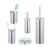 Relaxdays Set Bagno Completo, 5 Accessori, Kit WC Acciaio Inox Lucido, Portaspazzolino, Sapone e Saponetta, Argento