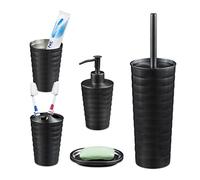 Relaxdays Set Bagno Completo 5 Accessori, Kit WC Acciaio Inox Spazzolato, Portaspazzolino, Sapone e Saponetta, Antracite