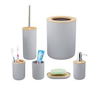 Relaxdays Set Bagno Completo, 6 Accessori, in bambù, Kit WC, Porta-Spazzolino, Dentifricio, Sapone e Saponetta, Grigio