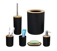 Relaxdays Set Bagno Completo, 6 Accessori, in bambù, Kit WC, Porta-Spazzolino, Dentifricio, Sapone e Saponetta, Nero