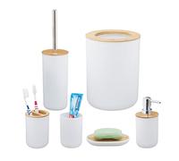 Relaxdays Set Bagno Completo, 6 Accessori, in bambù, Kit WC, Porta-Spazzolino, Dentifricio, Sapone e Saponetta, Bianco
