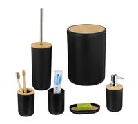 Relaxdays Set Bagno Completo, 6 Accessori, Kit WC Plastica e Bambù, Porta Spazzolini, Sapone e Saponetta, Nero Naturale