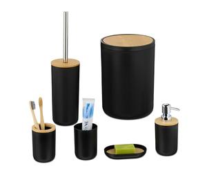 Relaxdays Set Bagno Completo, 6 Accessori, Kit WC Plastica e Bambù, Porta Spazzolini, Sapone e Saponetta, Nero Naturale