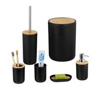 Relaxdays Set Bagno Completo, 6 Accessori, Kit WC in Plastica e bambù, Porta Spazzolini, Sapone e Saponetta, Nero Naturale