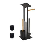 Relaxdays Piantana Portarotolo e Portascopino da Bagno, Porta Rotoli Carta Igienica, 65x21x18 cm, Bambù, Ferro, Nero