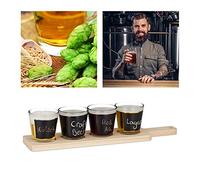 Relaxdays Set Bicchieri Degustazione Birra, 4 Bicchierini con Nome, con Tagliere in Legno, 200 ml ognuno, naturale