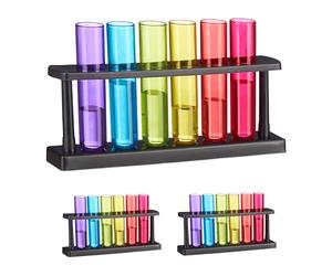 Relaxdays Set Bicchieri Shot, 18 Bicchierini a Forma di Provetta per Shottini, con 3 Supporti, 40 ml, Plastica, Colorati