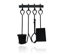 Relaxdays set camino 5 pz, attizzatoio, paletta, scopa, pinza, supporto a muro, nero
