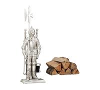 Relaxdays Set Camino Cavaliere in Ghisa, 4 Accessori, Paletta, Scopetta, Attizzatoio e Porta Attrezzi, Colore Argento