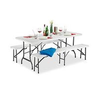 Relaxdays Set Chiosco Tavolo Panche ribaltabili, 3 pezzi Arredo Giardino, monocolore, H x L x P: 74 x 180 x 74, 5 cm, bianco